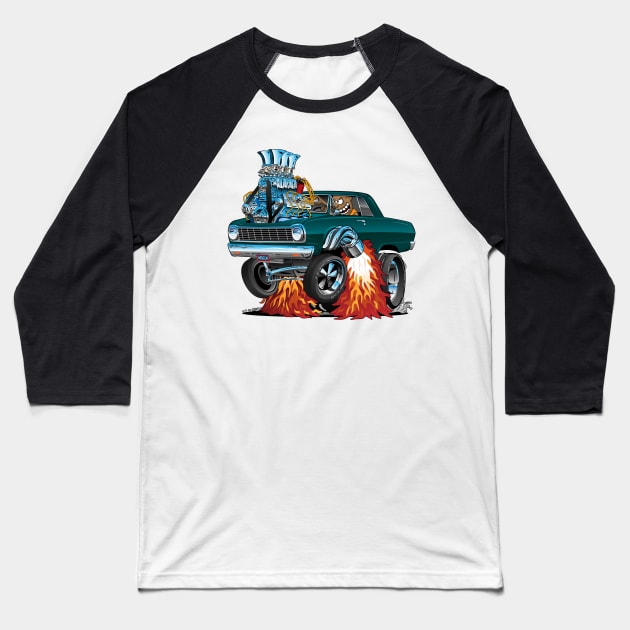 Sixties American Classic Muscle Car Cartoon Baseball T-Shirt by hobrath